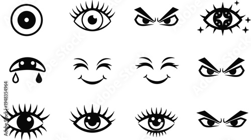Vector collection of black eye icons and facial expressions featuring cartoon eyelashes, sparkling eyes, angry brows, happy smiles, and crying tear drops for design.