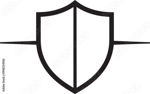 A classic black and white illustration of a shield emblem with a cross guard