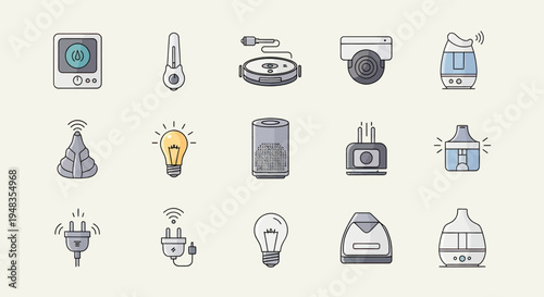 Diverse smart home device icons air purifier, camera, plugs, lights, and humidifier