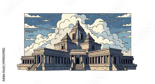 Ancient stone temple with tiered roof and many pillars against cloudy blue sky