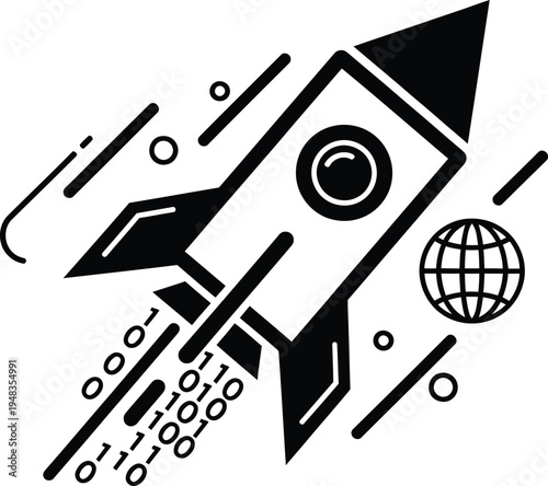 rocket ship launching into space with binary code