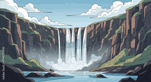 Vast waterfall cascades into a serene river valley, flanked by rocky cliffs