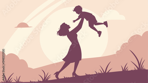 Woman playing with child in pink landscape with clouds and sun