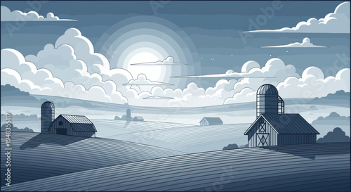 A serene blue farm landscape with rolling fields and barns under a cloudy sky