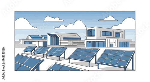 Modern houses with rooftop solar panels stand under a sky with clouds