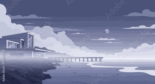 Modern house on a rocky shore with a pier extending over the water