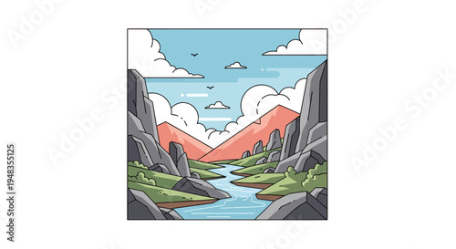 Stylized mountainous river landscape with coral peaks and blue sky