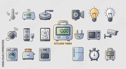 Collection of kitchen and home appliances, digital timers, and security devices