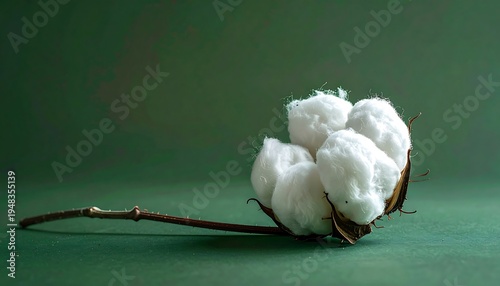 Cotton boll on green background. Fluffy, white texture. Stem and bracts visible. Still life composition