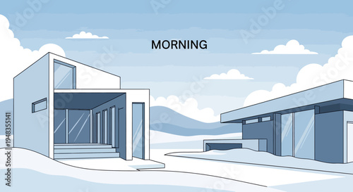 Modern homes in serene landscape under a morning sky with clouds