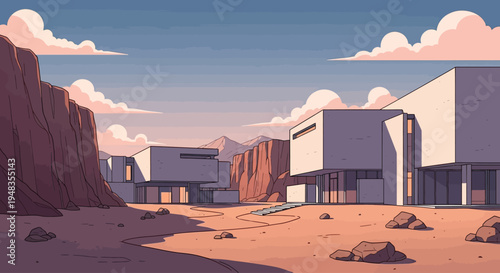 Modern desert architecture nestled amongst barren rocks under a cloudy sky