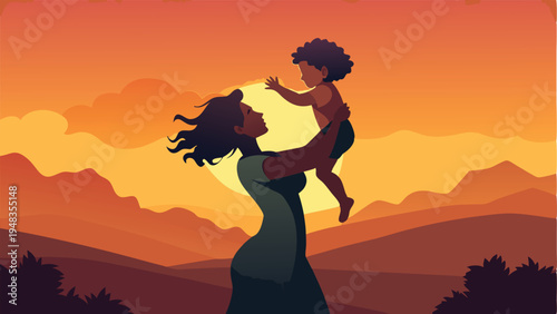 Woman holding baby up in air with mountains and sunset in background landscape scene