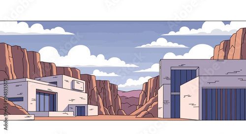 Modern desert homes nestled among towering rock formations under a cloudy sky