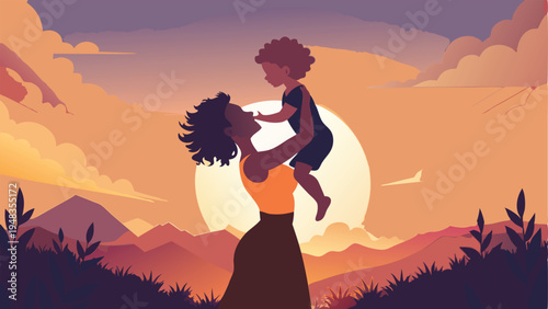 Happy african american mother lifting little child up on sunset mountain background with clouds