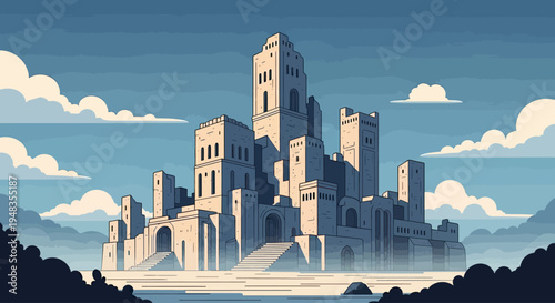 Monumental stone structure with tiered towers and arched entrances rises from misty terrain