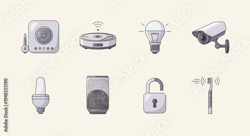 Icons depicting smart home devices security camera, robot vacuum, light bulb, lock, speaker, toothbrush