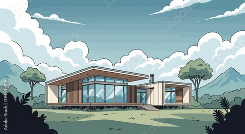 Modern home with large windows and wooden siding on stilts, surrounded by nature