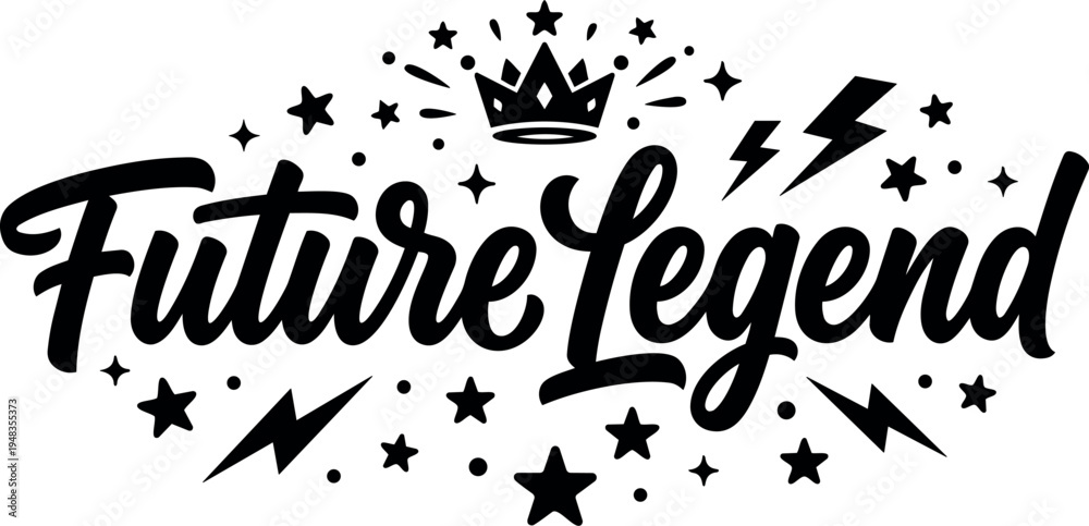 Fototapeta premium Hand lettering future legend text surrounded by stars crown and lightning bolt icons in black and white vector design