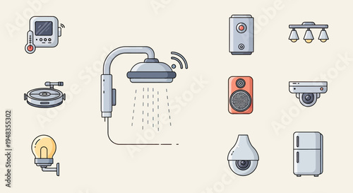 Icons of smart home devices shower, thermostat, speaker, fridge, lights, cameras, and more