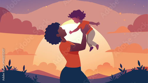 A man lifting a little child in the air at sunset with a large sun and clouds