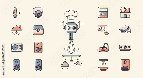 Various smart home and kitchen gadget icons arranged symmetrically