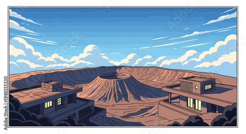 Modern structures face a vast, desolate crater under a bright, cloud-filled sky