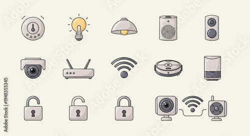 Collection of smart home device icons including cameras, lights, and locks