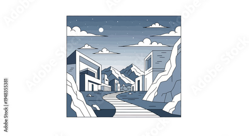 Modern buildings stand in a stark, rocky landscape under a starry night sky