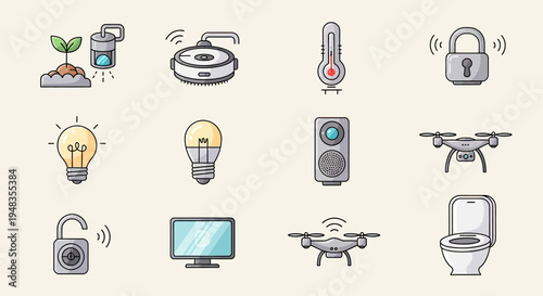 Set of icons representing smart home devices and concepts