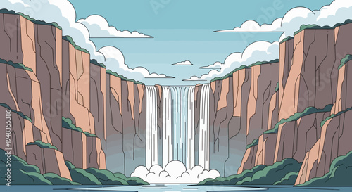 Wide, majestic waterfall cascades down a cliff face into a calm blue lake