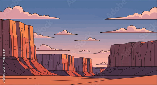 Dramatic canyon landscape at sunset with layered clouds and warm hues