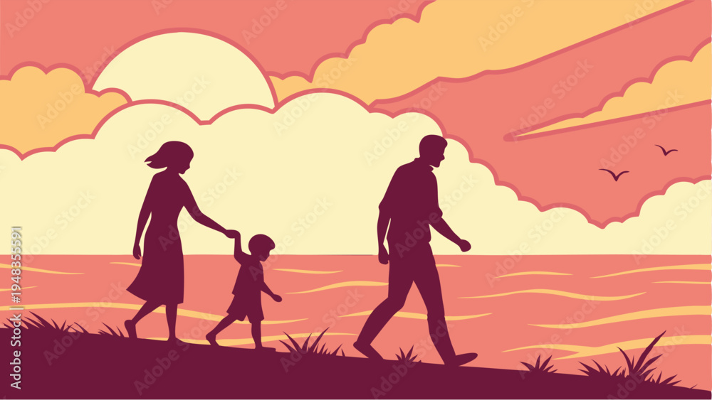 Fototapeta premium Silhouette of a family with a child walking on a beach at sunset happy family scene