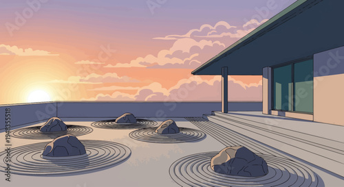 Zen garden patio with rocks, raked sand, and modern architecture at sunset