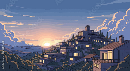 Hillside village at sunset, with glowing windows and distant ocean