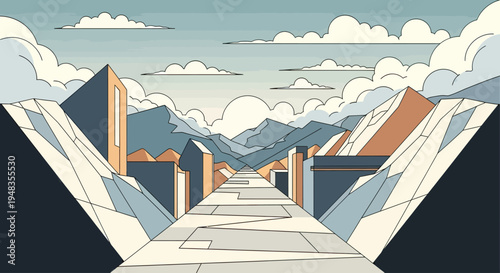 Geometric landscape with a central path leading to mountains under a cloudy sky