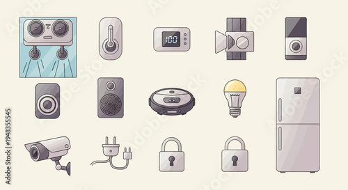 Assorted home devices and security icons arranged in a grid