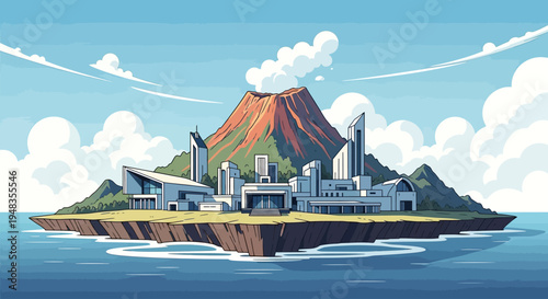 Island city with a volcano and modern buildings rises from the blue sea under a cloudy sky