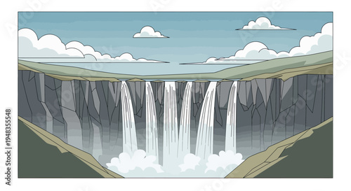 Majestic cliff face with multiple powerful waterfalls cascading into a misty abyss