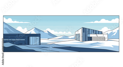 Two modern buildings stand on a snowy landscape with mountains in the background