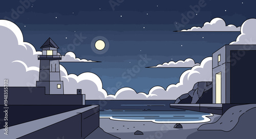 Tranquil night scene with a lighthouse, moon, ocean, and beach