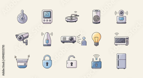 Digital home devices and security icons speaker, monitor, turntable, camera, lightbulb, microwave, locks, fridge
