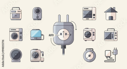 A collection of illustrated home appliances, gadgets, and an automatic plug adapter