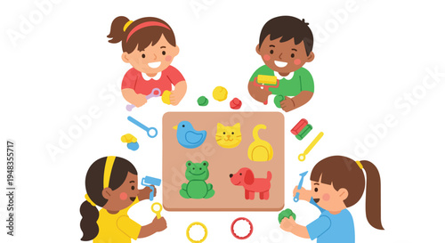 Four diverse children joyfully engage in creative play, molding colorful clay into various animal shapes using tools around a wooden board with animal stencils.