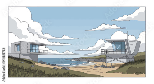 Modern beach houses overlook a serene coastline with fluffy clouds