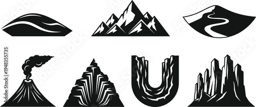 Vector collection of black mountain icons featuring smoking volcanic peaks, winding valley roads, jagged rock cliffs, rolling hills, and high alpine summits for outdoor branding.