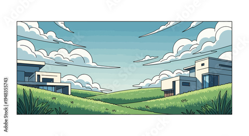 Modern houses nestled on rolling green hills under a cloudy sky