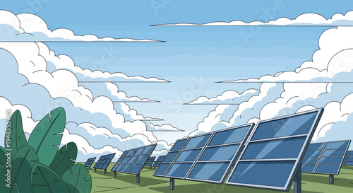 Rows of solar panels stand tall under a vast, cloud-filled sky