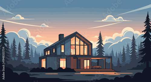 Modern cabin in forest with sunset sky and warm light