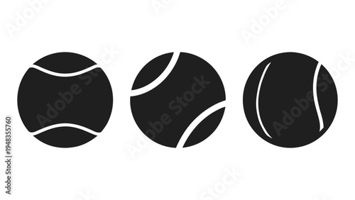 Three black tennis balls with white lines on a white background