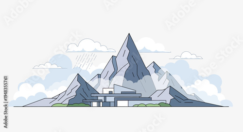 Modernist architecture nestled against majestic, cloudy mountains during rainfall